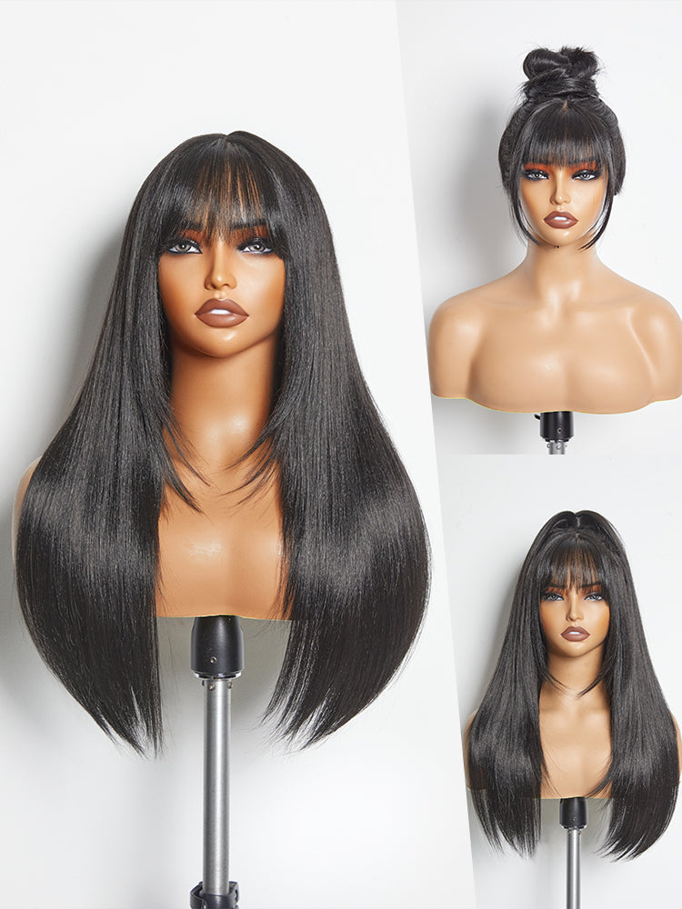 [Blend] Frodio Veralux™ Blend Human Hair Glueless Straight Layered Cut/Wavy Wig with Bangs Curtain Bang Wig with Realistic Scalp-10
