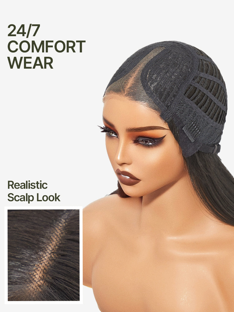 [Blend] Frodio Veralux™ Blend Human Hair Glueless Straight Layered Cut/Wavy Wig with Bangs Curtain Bang Wig with Realistic Scalp-07