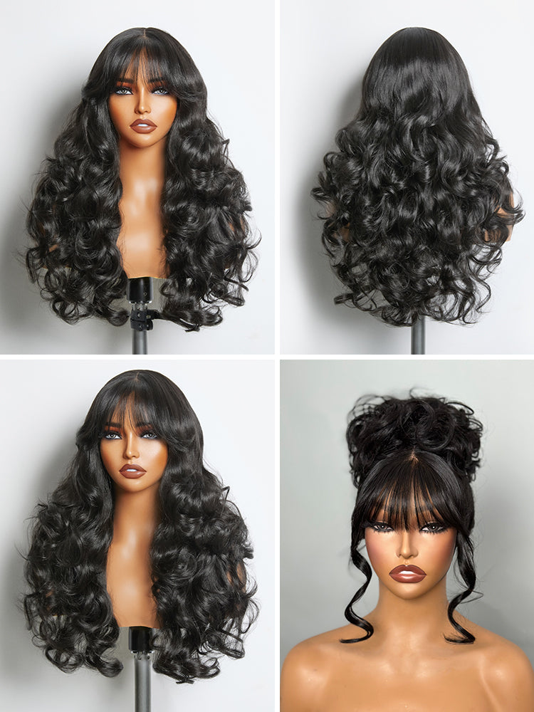 [Blend] Frodio Veralux™ Blend Human Hair Glueless Straight Layered Cut/Wavy Wig with Bangs Curtain Bang Wig with Realistic Scalp-09