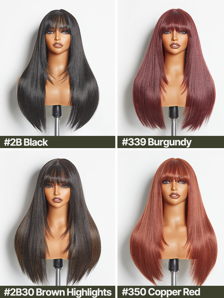 [Blend] Frodio Veralux™ Blend Human Hair Glueless Straight Layered Cut/Wavy Wig with Bangs Curtain Bang Wig with Realistic Scalp-05