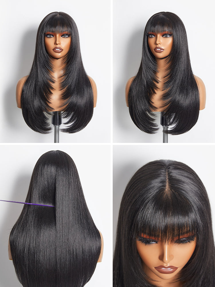 [Blend] Frodio Veralux™ Blend Human Hair Glueless Straight Layered Cut/Wavy Wig with Bangs Curtain Bang Wig with Realistic Scalp-08