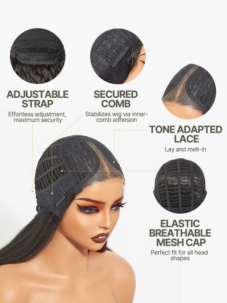 [Blend] Frodio Veralux™ Blend Human Hair Glueless Straight Layered Cut/Wavy Wig with Bangs Curtain Bang Wig with Realistic Scalp-04