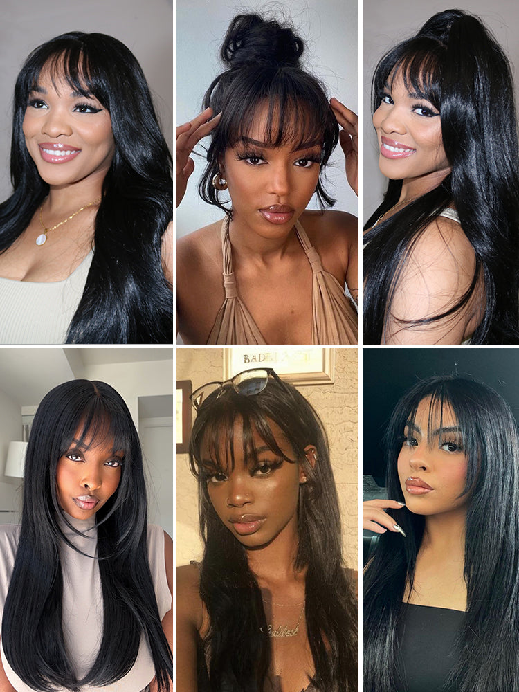 [Blend] Frodio Veralux™ Blend Human Hair Glueless Straight Layered Cut/Wavy Wig with Bangs Curtain Bang Wig with Realistic Scalp-03