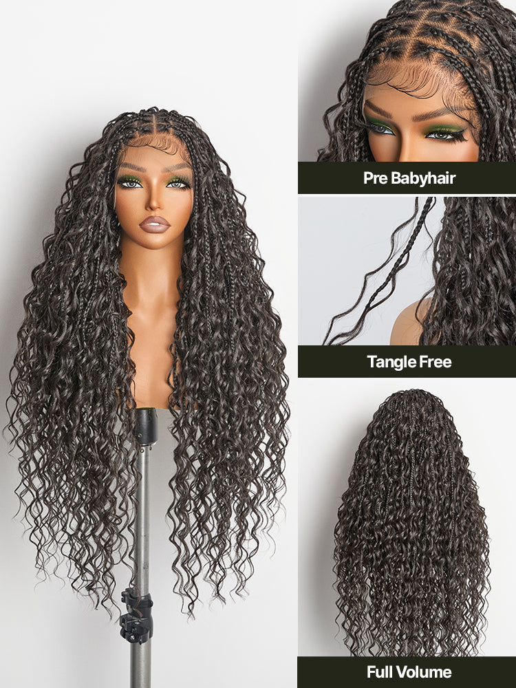Frodio Veralux™ Fiber 30" Full Lace Boho Braids Synthetic Box Braid Wig – Grid-Part Top with Mixed Boho Curls