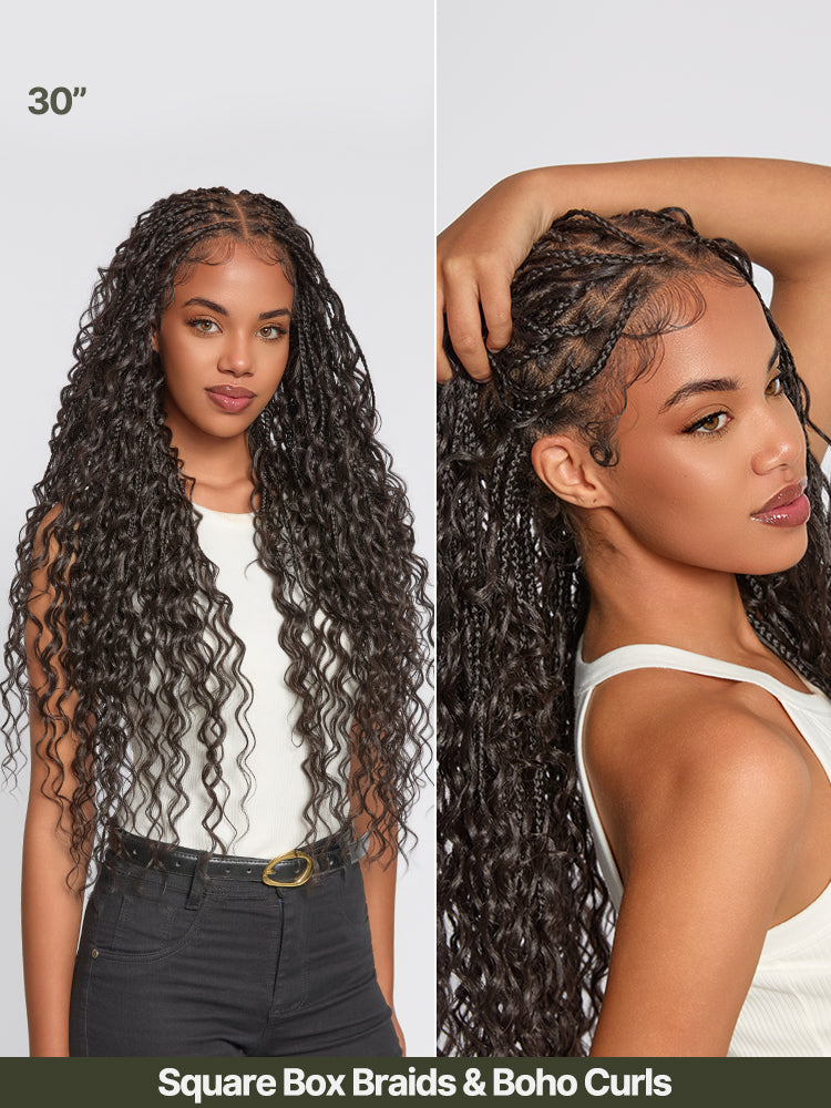 Frodio Veralux™ Fiber 30" Full Lace Boho Braids Synthetic Box Braid Wig – Grid-Part Top with Mixed Boho Curls