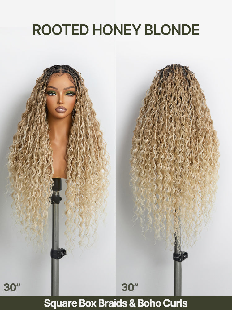 Frodio Veralux™ Fiber 30" Full Lace Boho Braid Synthetic Box Braid Wig – Grid-Part Top with Mixed Boho Curls-31