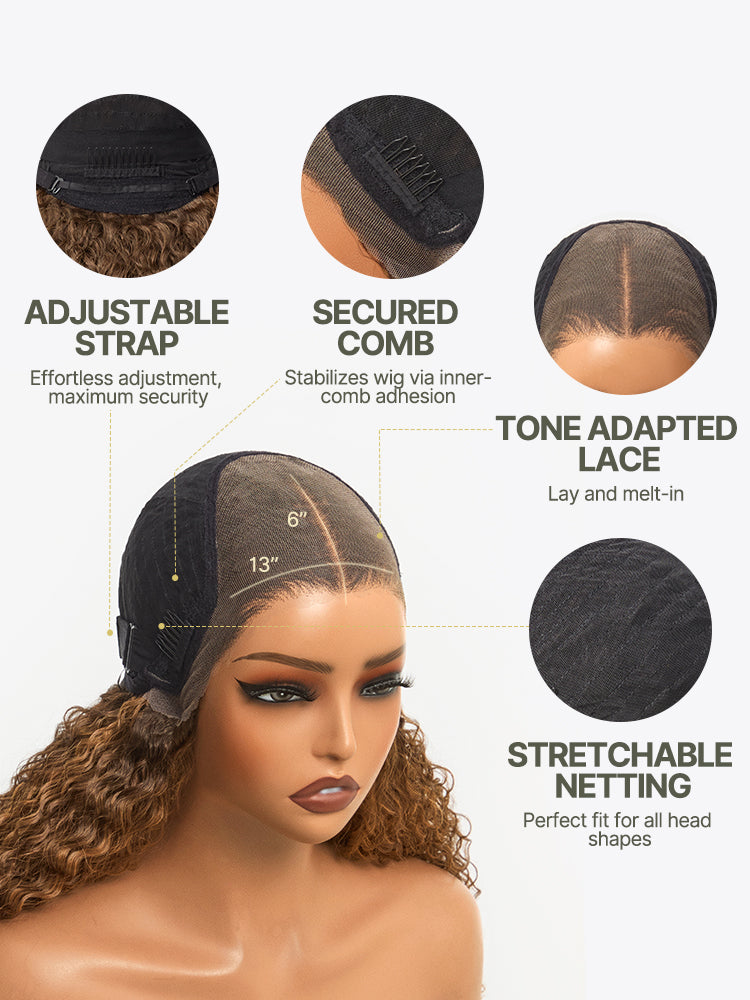 Frodio Veralux™ 13x6 HD Lace Wig Glueless Wear Go Wig 24” Golden Chestnut Curly Premium Fiber Wig – Full Density, Beginner Friendly-02