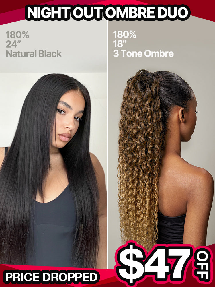 [Black Friday]Night Out Ombre Duo: Silky Straight Flexfit Drawstring Wig & Water Wave Drawstring Ponytail-01