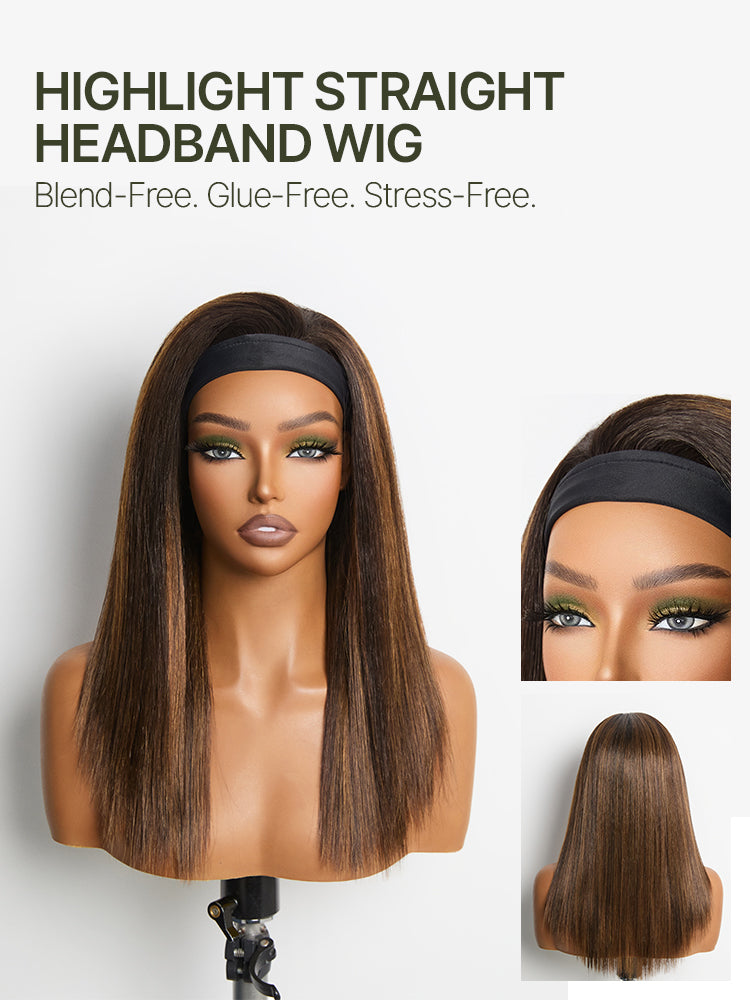 Frodio Veralux™ Fiber 16″ Highlight Headband Wig Straight Hair with Head Band Ready to Go Glueless Synthetic Headband Wig Brown Mix Blonde Straight Wig-04