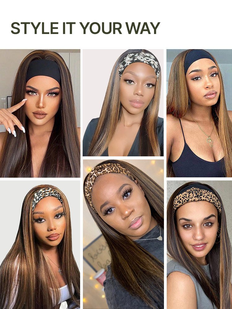 Frodio Veralux™ Fiber 16″ Highlight Headband Wig Straight Hair with Head Band Ready to Go Glueless Synthetic Headband Wig Brown Mix Blonde Straight Wig-05