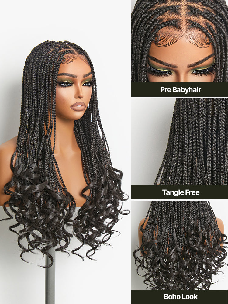 Frodio Veralux™ Fiber 24" Full Lace Boho Knotless Braids Wig with Curly Ends – Loose Wave Bouncy Braided Synthetic Wig-18