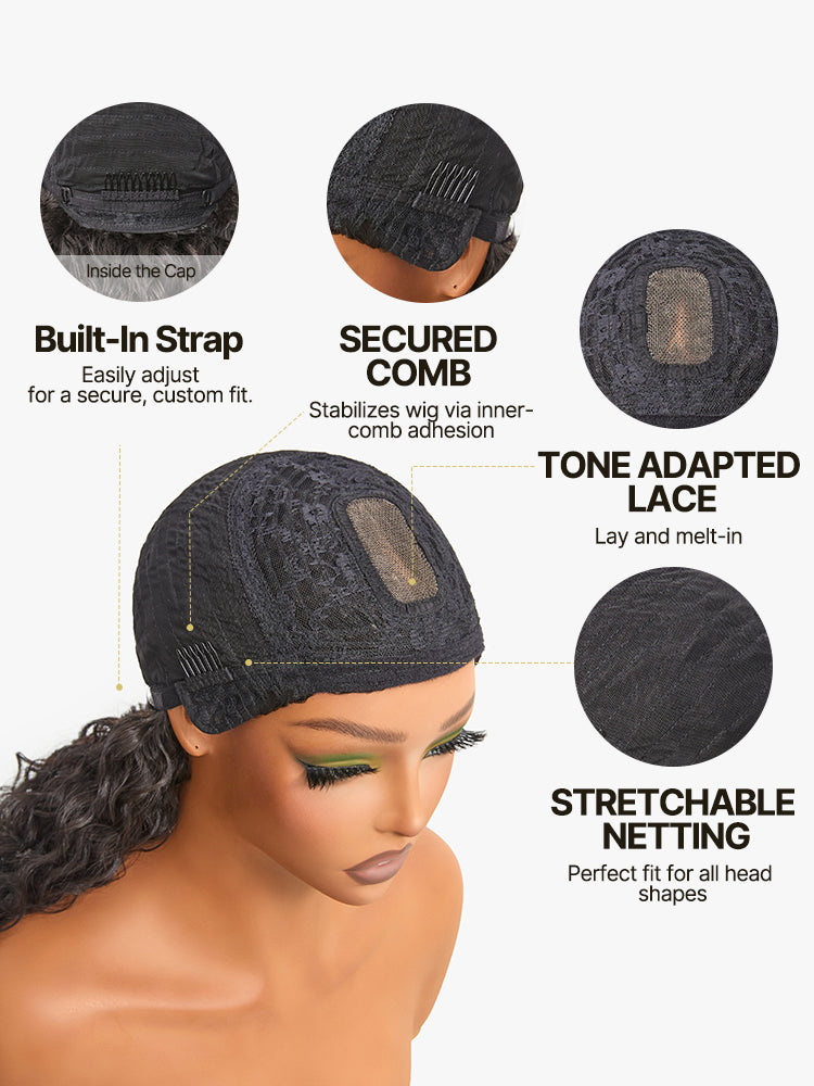 Frodio Veralux™ Put on and Go Boho Curly Blend Human Hair Wig with Bangs Effortless Shaggy Waves-54