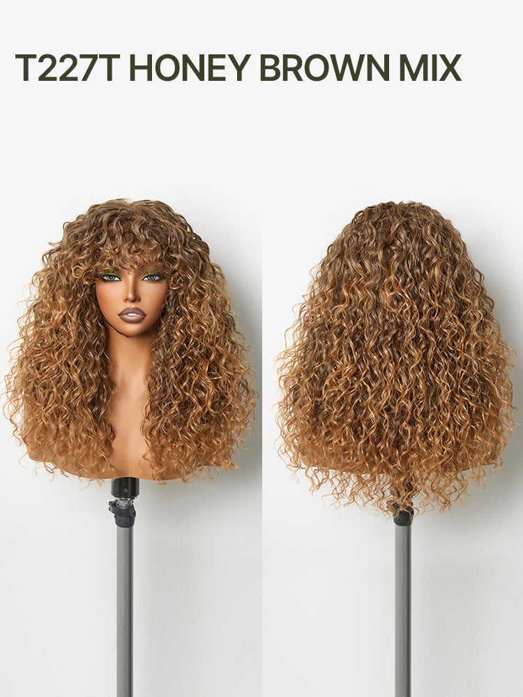 Frodio Veralux™ Put on and Go Boho Curly Blend Human Hair Wig with Bangs Effortless Shaggy Waves-95