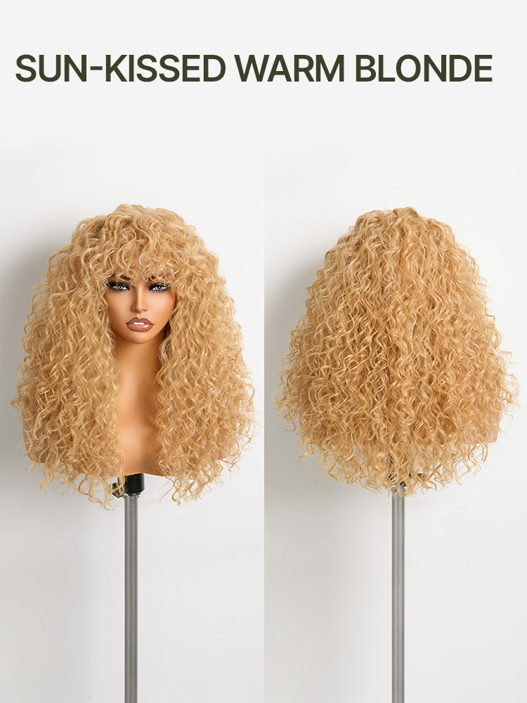 Frodio Veralux™ Put on and Go Boho Curly Blend Human Hair Wig with Bangs Effortless Shaggy Waves-97