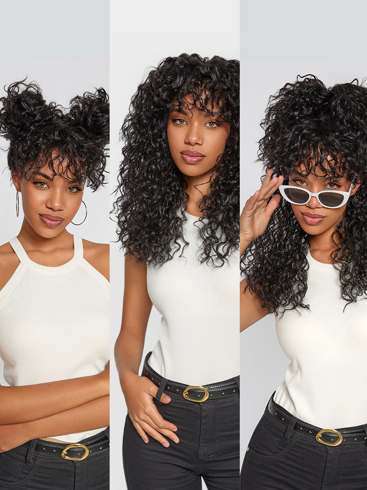 [Free Wigs Giveaway] Frodio Veralux™ Blend Human Hair Boho Curly Wig with Bangs Effortless Shaggy Waves Put on and Go-05