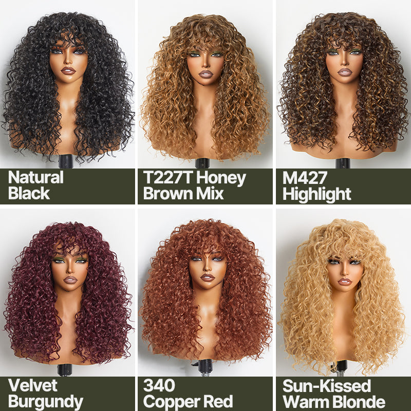 Frodio Veralux™ Put on and Go Boho Curly Blend Human Hair Wig with Bangs Effortless Shaggy Waves-90