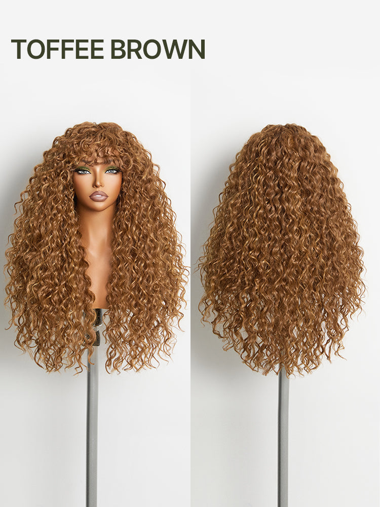 Frodio Veralux™ Put on and Go Boho Curly Blend Human Hair Wig with Bangs Effortless Shaggy Waves-98