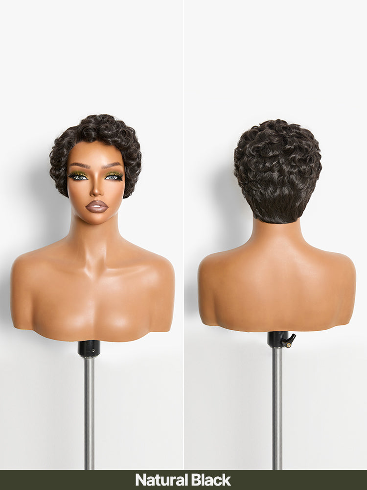 Frodio Veralux™ Short Curly Pixie Wig for Women Natural Black Layered Blend Human Hair Wig-09