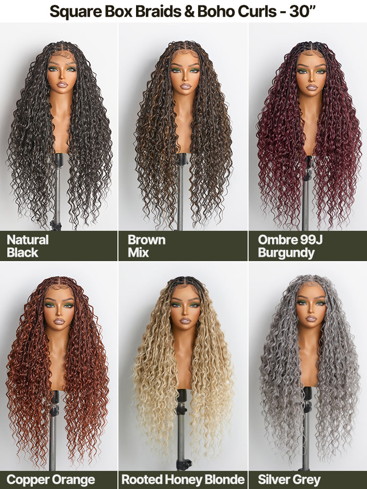 Frodio Veralux™ Fiber Full Lace Boho Braids Synthetic Box Braid Wig – Grid-Part Top with Mixed Boho Curls-09