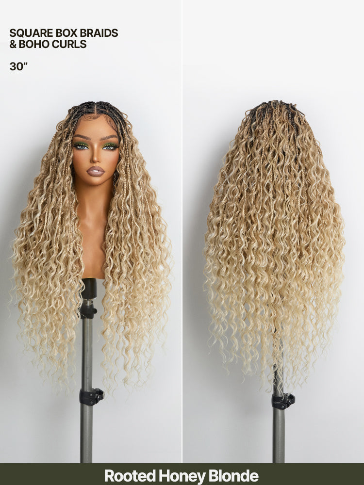 Frodio Veralux™ Fiber Full Lace Boho Braids Synthetic Box Braid Wig – Grid-Part Top with Mixed Boho Curls-16