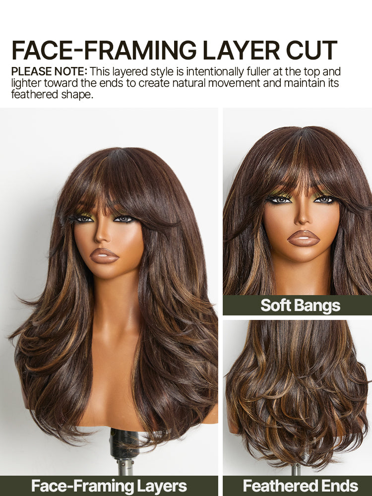 Frodio Veralux™ Blend Human Hair Feathered Layers Wig with Bangs Brown Highlight Glueless-03