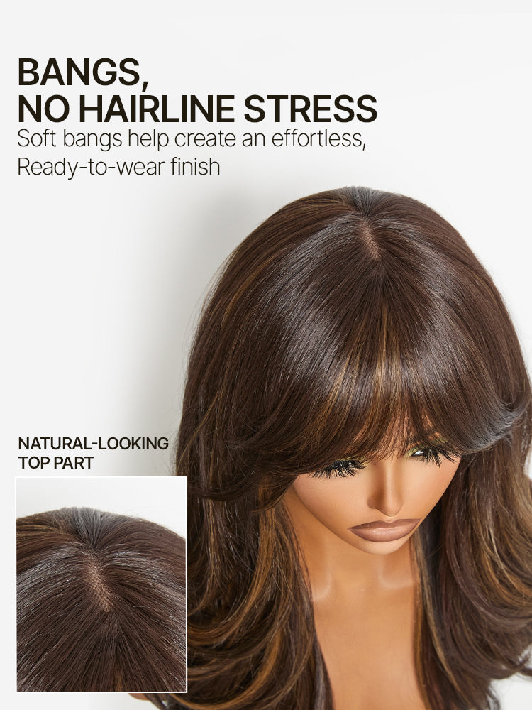 Frodio Veralux™ Blend Human Hair Feathered Layers Wig with Bangs Brown Highlight Glueless-05