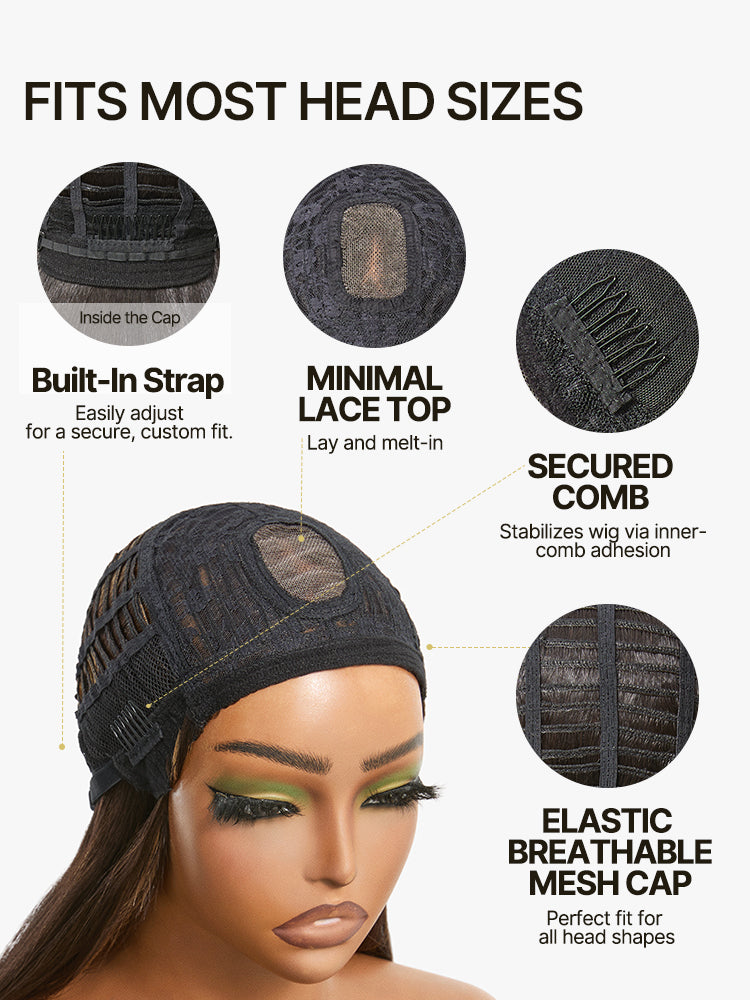 Frodio Veralux™ Blend Human Hair Feathered Layers Wig with Bangs Brown Highlight Glueless-07