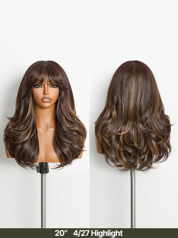Frodio Veralux™ Blend Human Hair Feathered Layers Wig with Bangs Brown Highlight Glueless-09