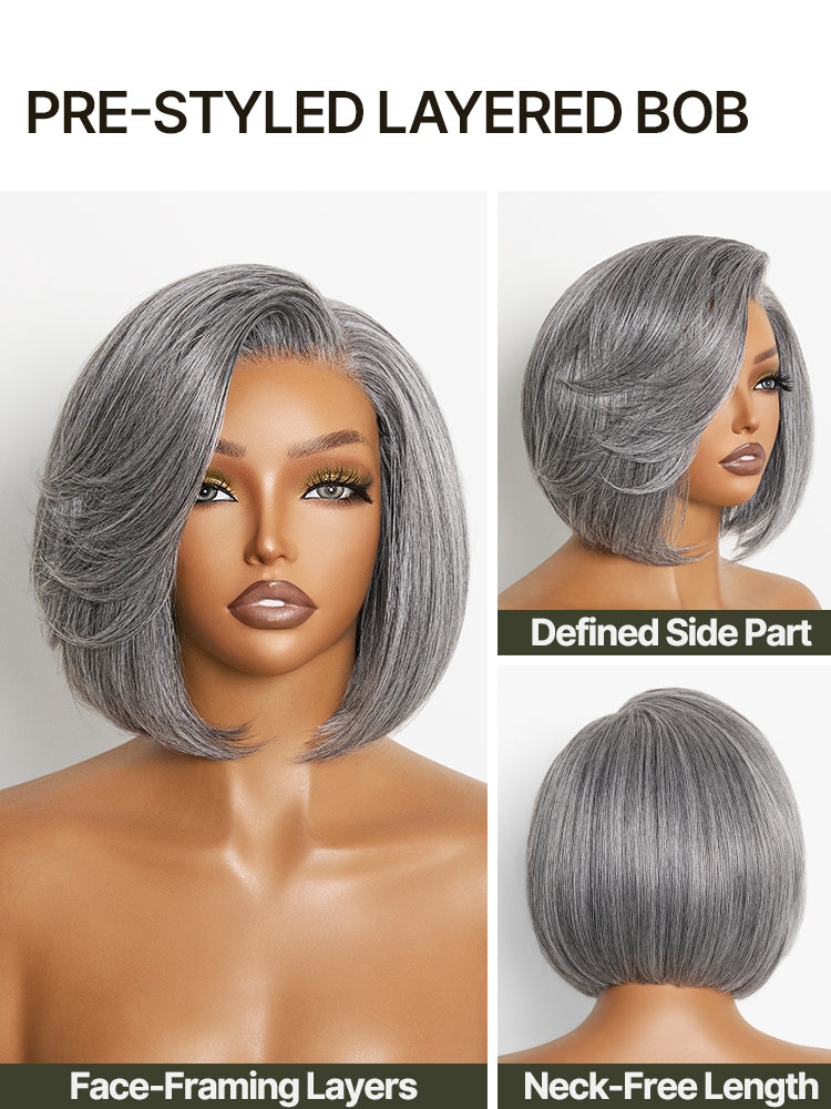 Frodio Veralux™ Blend Human Hair Layered Bob Wig Salt and Pepper Gray Glueless Pre-Cut Lace-02