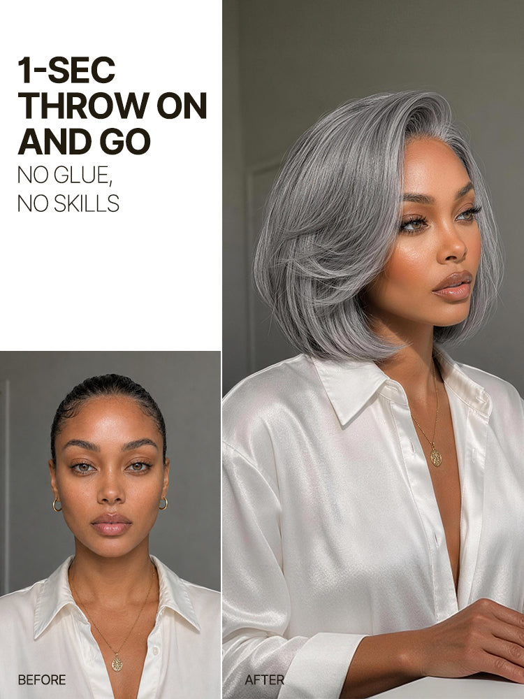 Frodio Veralux™ Blend Human Hair Layered Bob Wig Salt and Pepper Gray Glueless Pre-Cut Lace-04