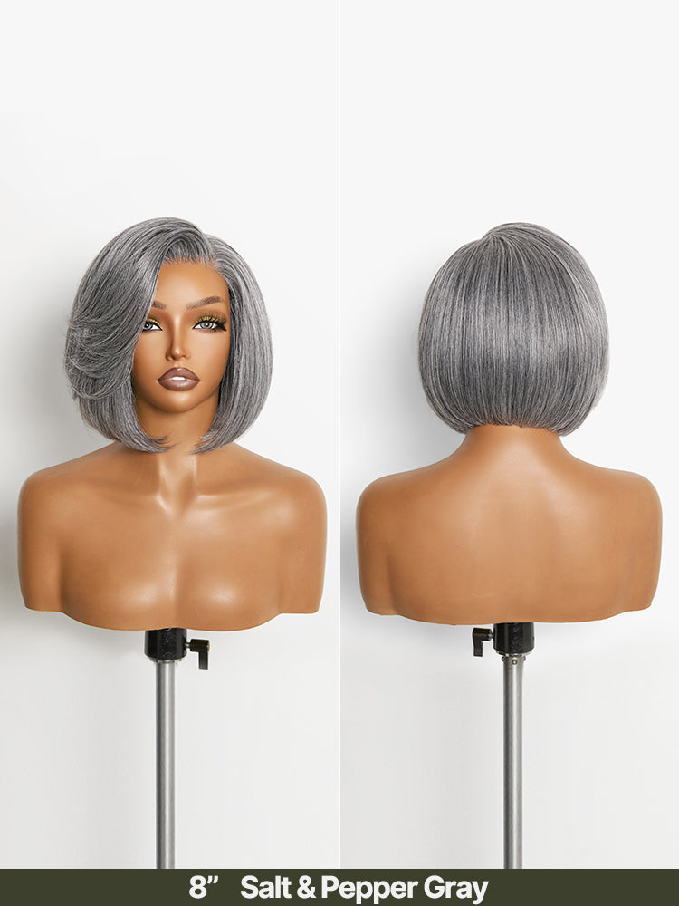 Frodio Veralux™ Blend Human Hair Layered Bob Wig Salt and Pepper Gray Glueless Pre-Cut Lace-09