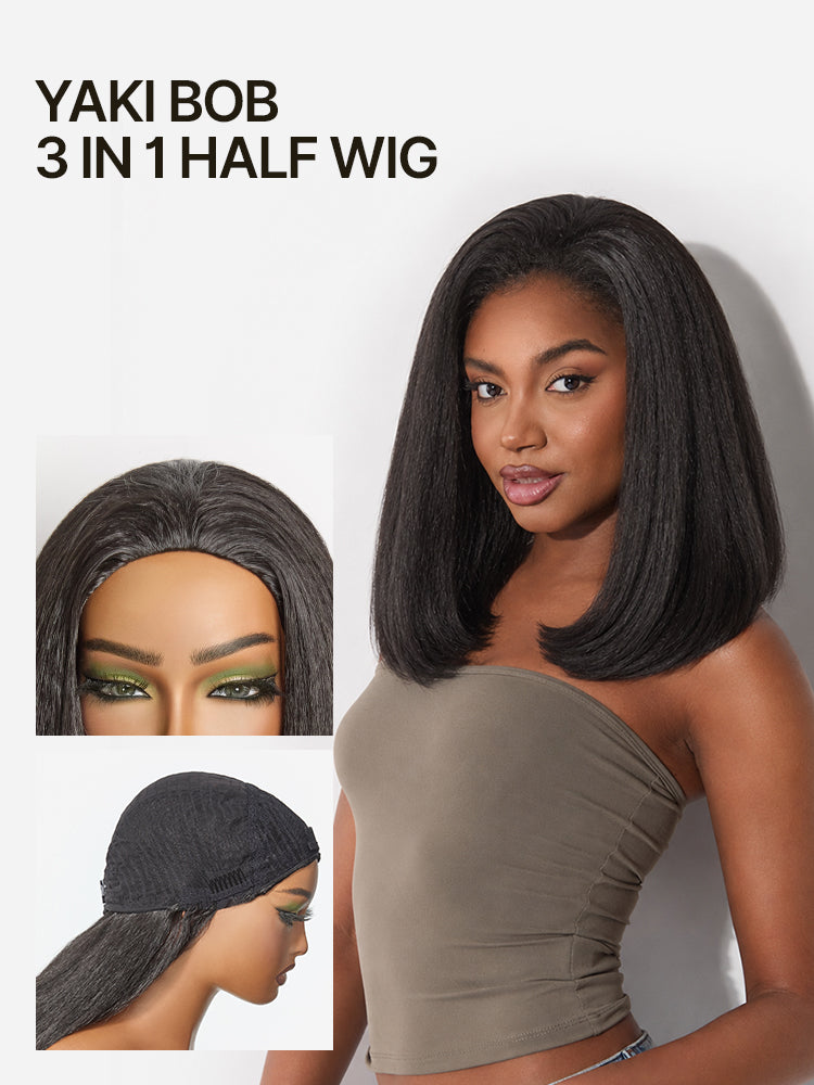 [Free Wigs Giveaway] Frodio Veralux™ Blend Human Hair Yaki Straight Bob Wig 3-in-1 Half Wig Glueless Wear and Go-07