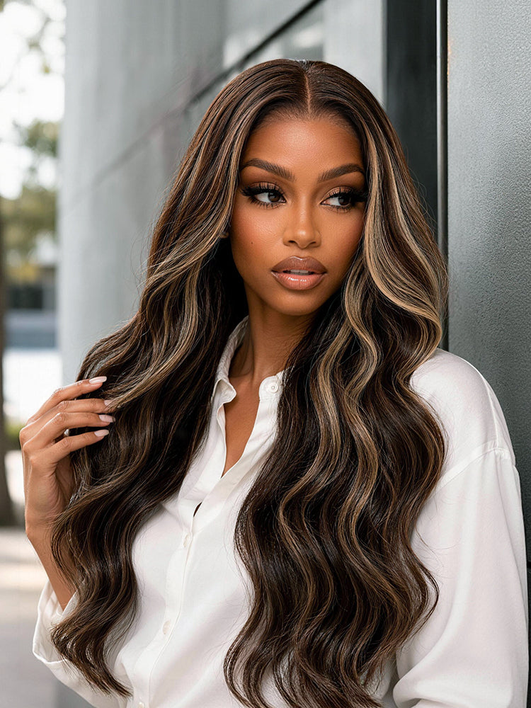 Frodio Veralux™ Blend Human Hair 9x6 Lace Wig Layered Wavy Wig Brown Blonde Highlight-01