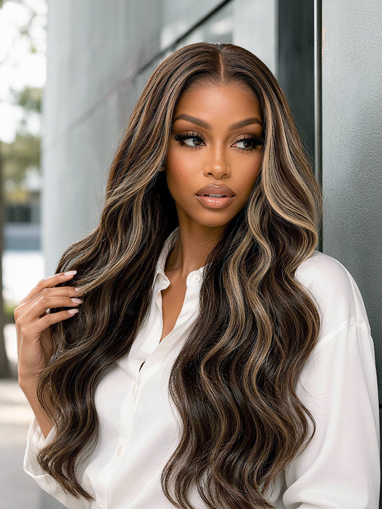 Frodio Veralux™ Blend Human Hair Loose wave Wig 9x6 Lace Brown Blonde Highlight 28 Inch-11