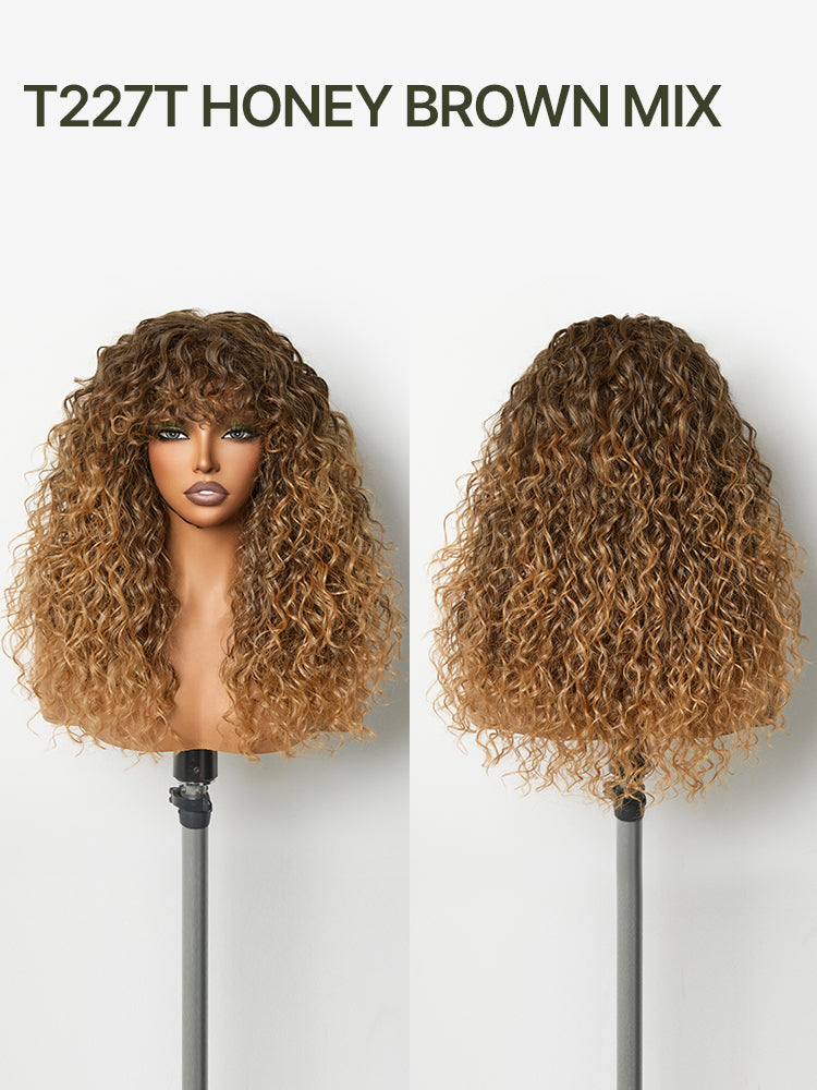 Frodio Veralux™ Blend Human Hair Boho Curly Wig with Bangs Effortless Shaggy Waves Put on and Go-103