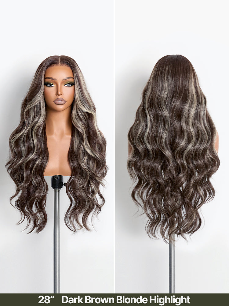 Frodio Veralux™ Blend Human Hair Loose wave Wig 9x6 Lace Dark Brown Blonde Highlight 28 Inch-24