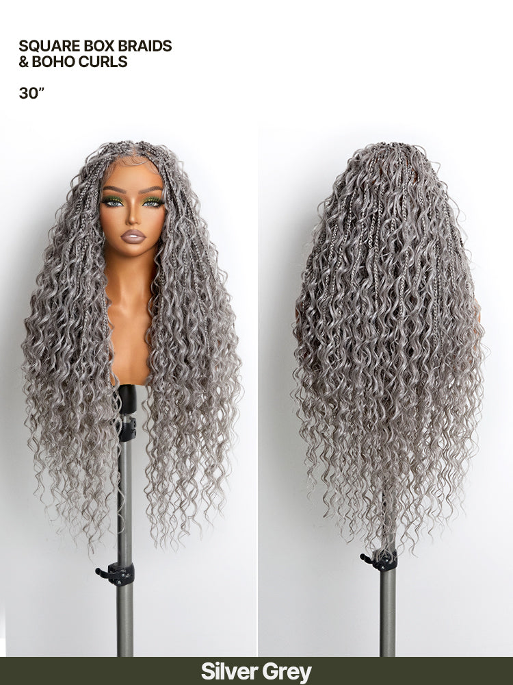 [Special Deal] Frodio Veralux™ Fiber Silver Grey Full Lace Boho Braids Synthetic Box Braid Wig With Boho Curls-01