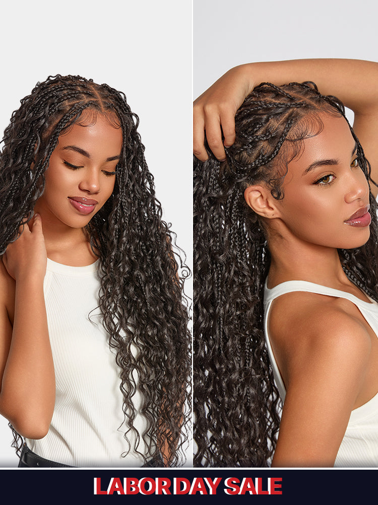Frodio Veralux™ Fiber 30" Full Lace Boho Braid Synthetic Box Braid Wig – Grid-Part Top with Mixed Boho Curls
