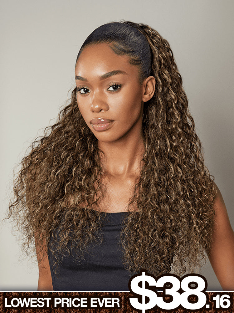 Frodio Ponypop Honey Blonde Highlight Water Wave Drawstring Ponytail Human Hair - Giselle