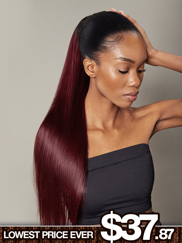 Frodio Ponypop Burgundy Seamless Straight Wrap Around Ponytail Human Hair - Ruby