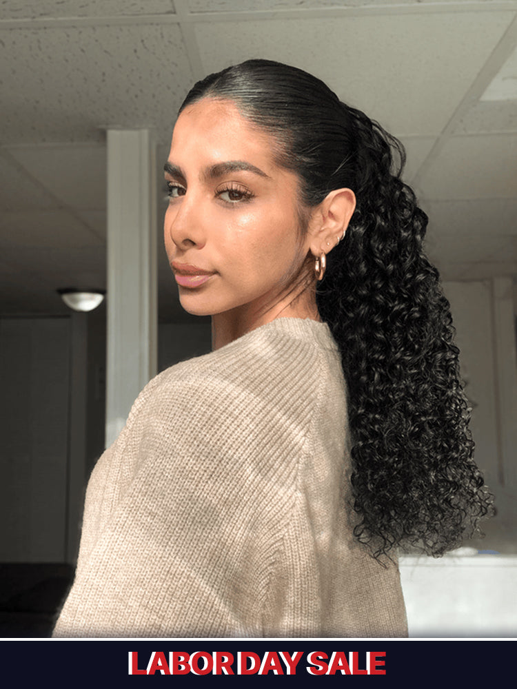Frodio Ponypop Natural Black Full Water Wave Drawstring Ponytail Human Hair - Imani