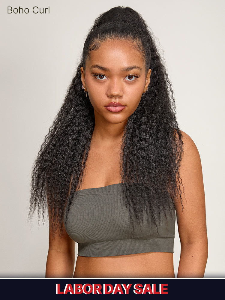 Frodio Ponypop Natural Black Boho Curl Scrunchie Ponytail Human Hair - Tiana