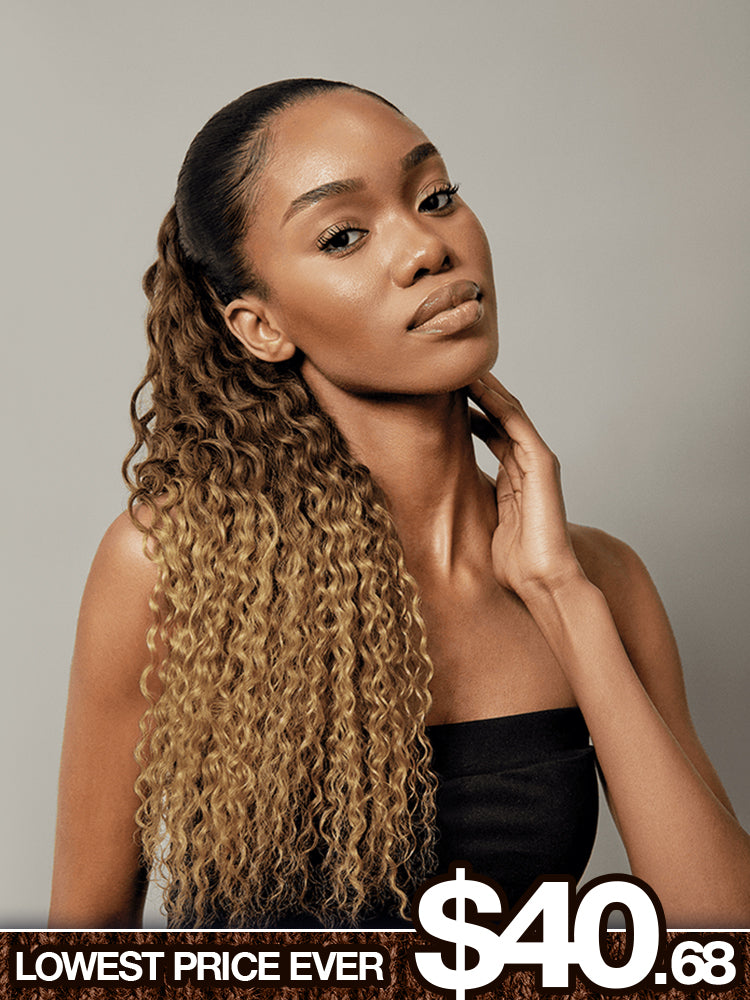 Frodio Ponypop 3 Tone Ombre Full Water Wave Drawstring Ponytail Human Hair- Gloria