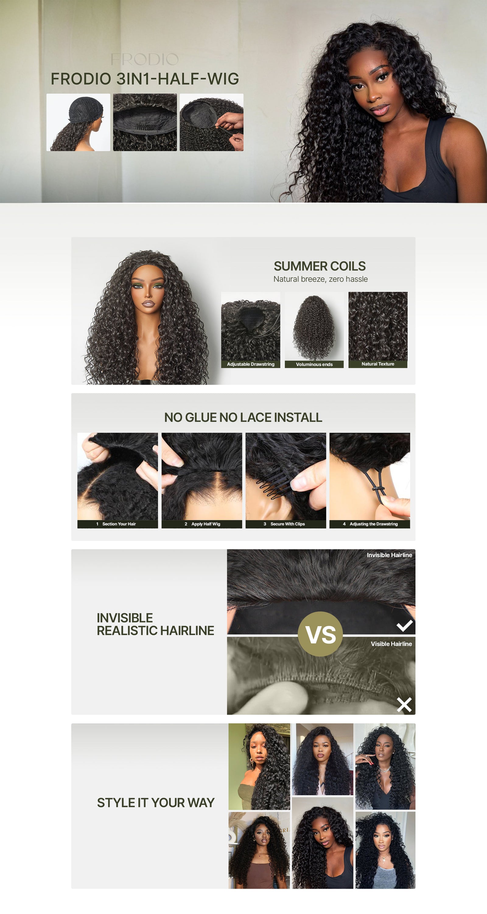 Frodio Veralux™ Blend Human Hair Shaggy Waves 3-in-1 Half Wig Ready to