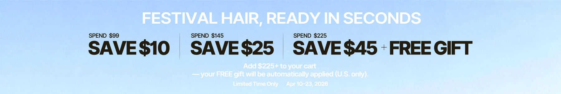 Promotional banner for festival hair with savings and a free gift offer on a light blue background.