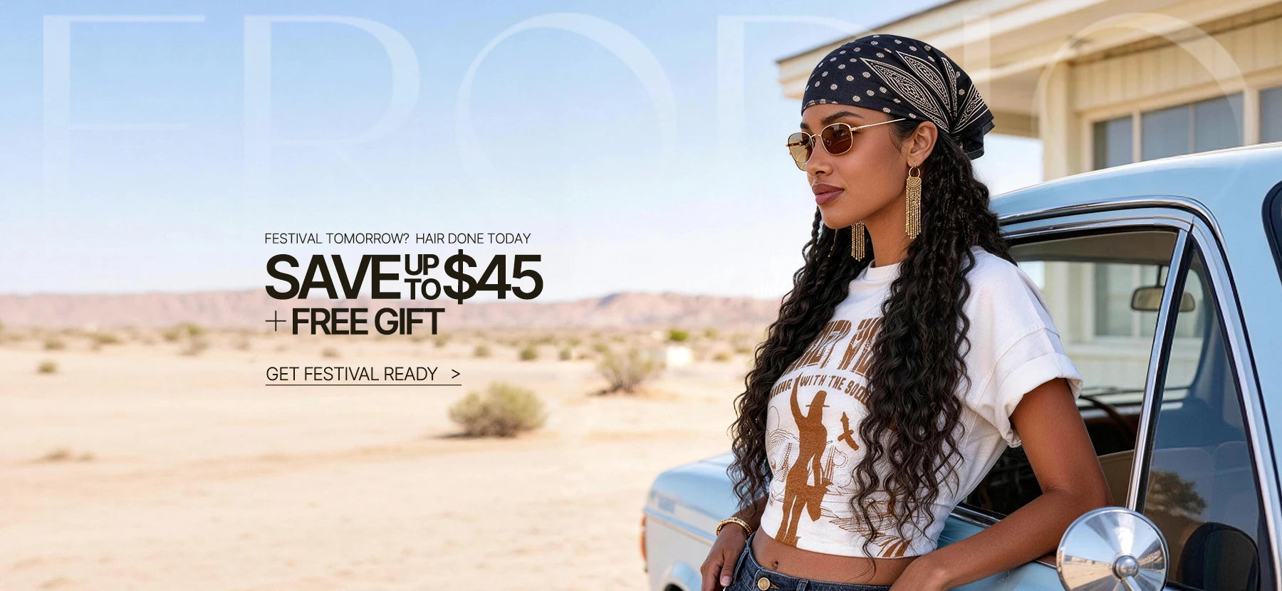 Woman standing next to a car in a desert setting with promotional text overlay.