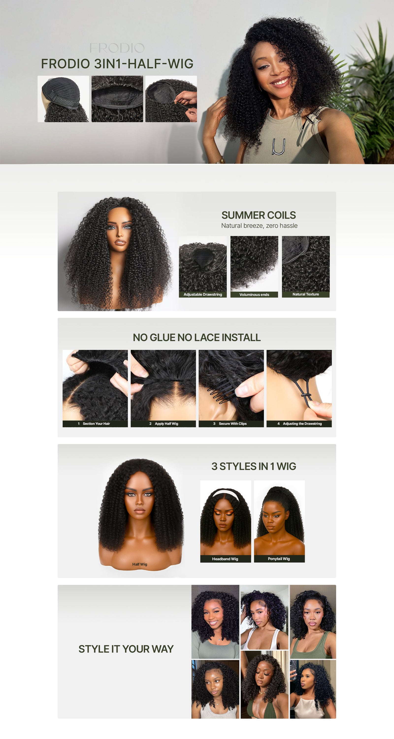 Frodio 100% Human Hair Kinky Curl 3-in-1 Half Wig Flexi-Fit Drawstring